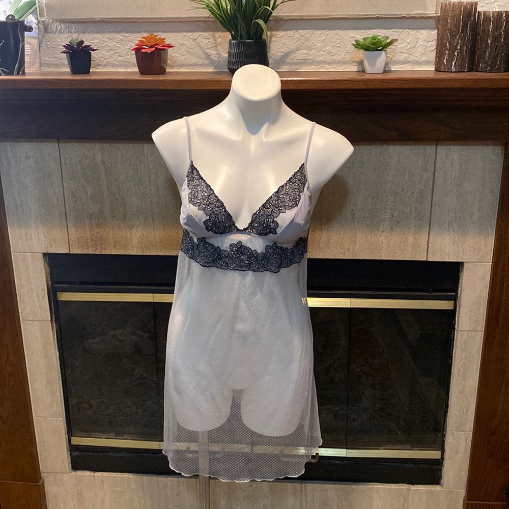 DKNY sheer blue negligee with black lace detail on bust